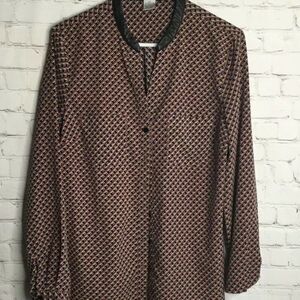 WD-NY Women’s Geometrical Print Leather Collar Long Sleeve Top Blouse Size L